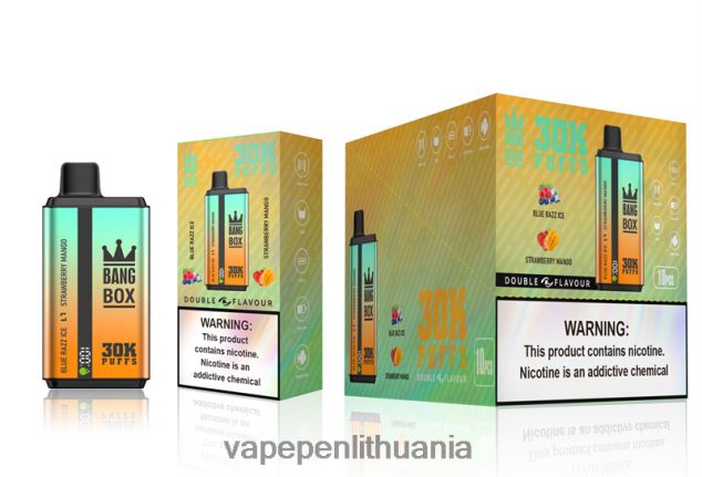 Bang Box 30 000 dvigubų skonių mėlynas razz ledas ir braškinis mangas 4PX0P273 - Vape Liquid