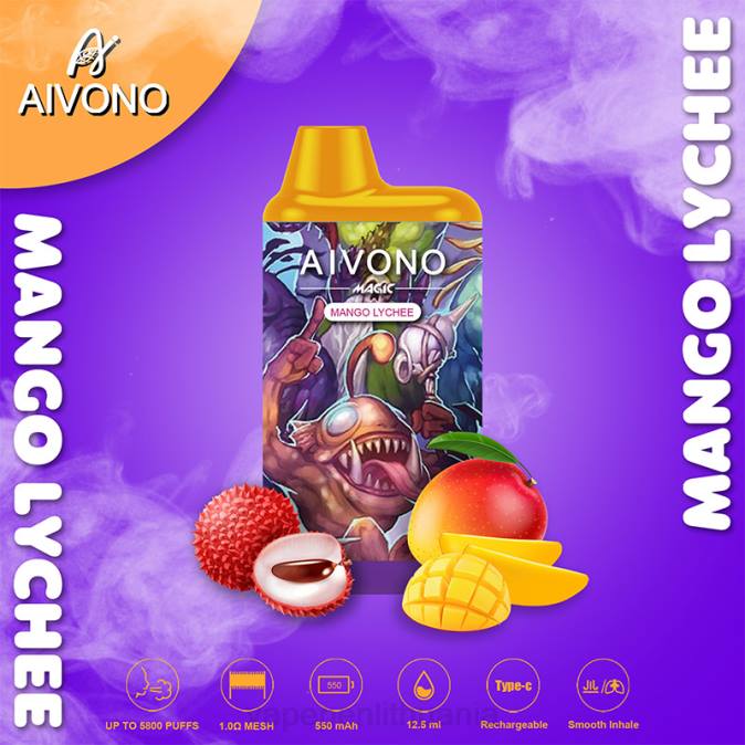 Aivono AIM MAGIC 5800 burnos dėžutės cigaretė mango ličiai D06098 - Vape Liquid